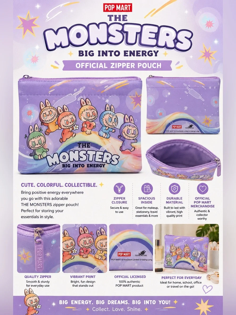 POP MART The Monsters Purple Zipper Pouch - Official Licensed Cosmetic Bag